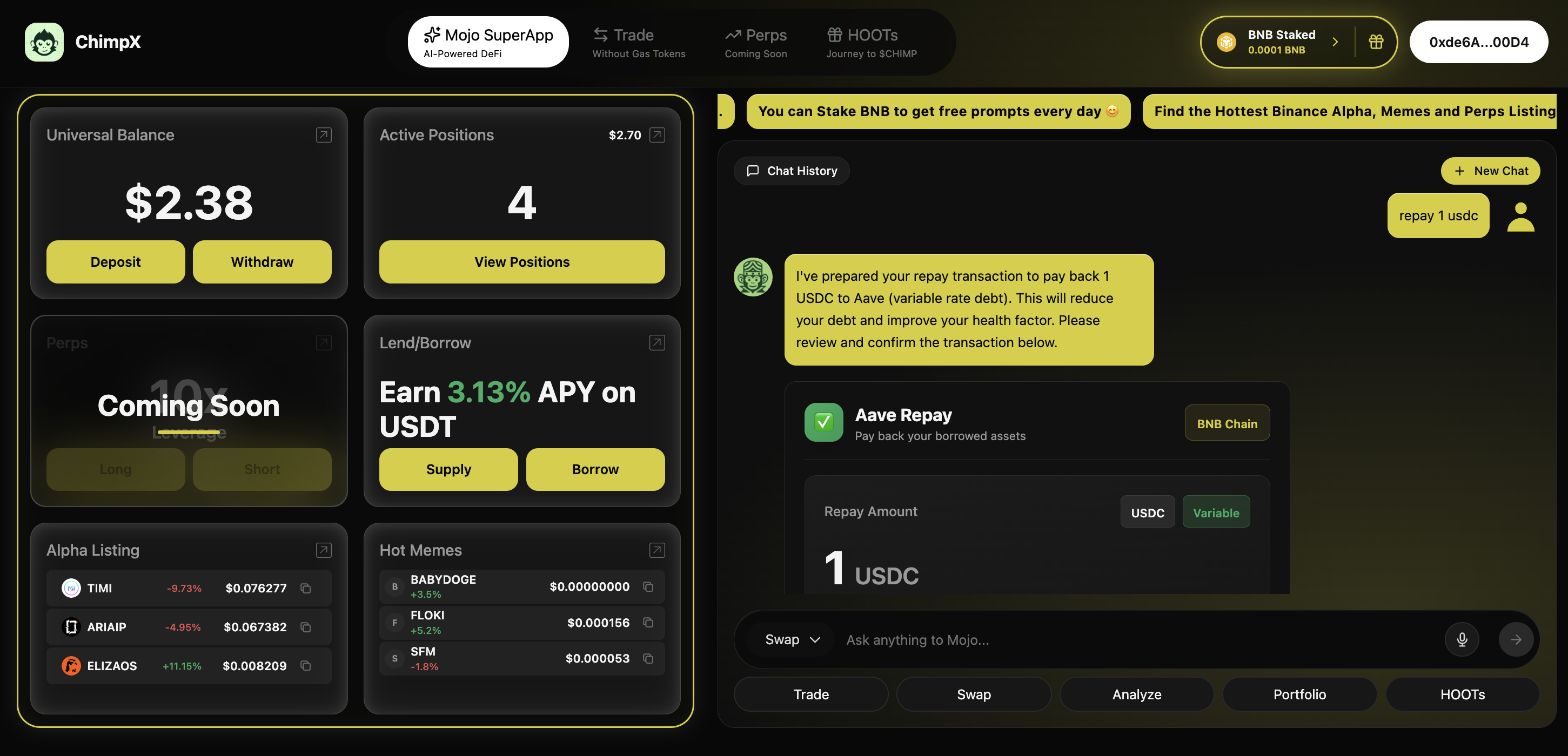 Mojo DeFi Interface - Complete Dashboard View